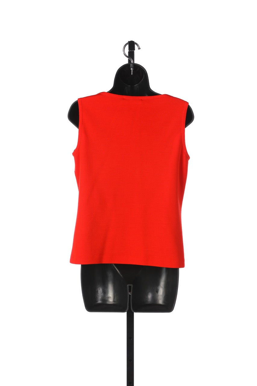 St. John Red Knit Sleeveless Crew-Neck Tank Top w Mini Slits on Sides