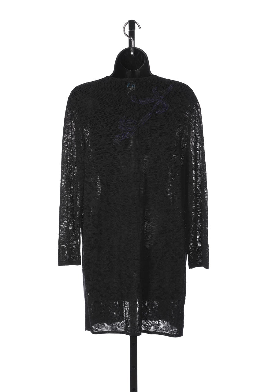 Escada Black Open-faced Cardigan Sweater w/ Blue Woven Detail