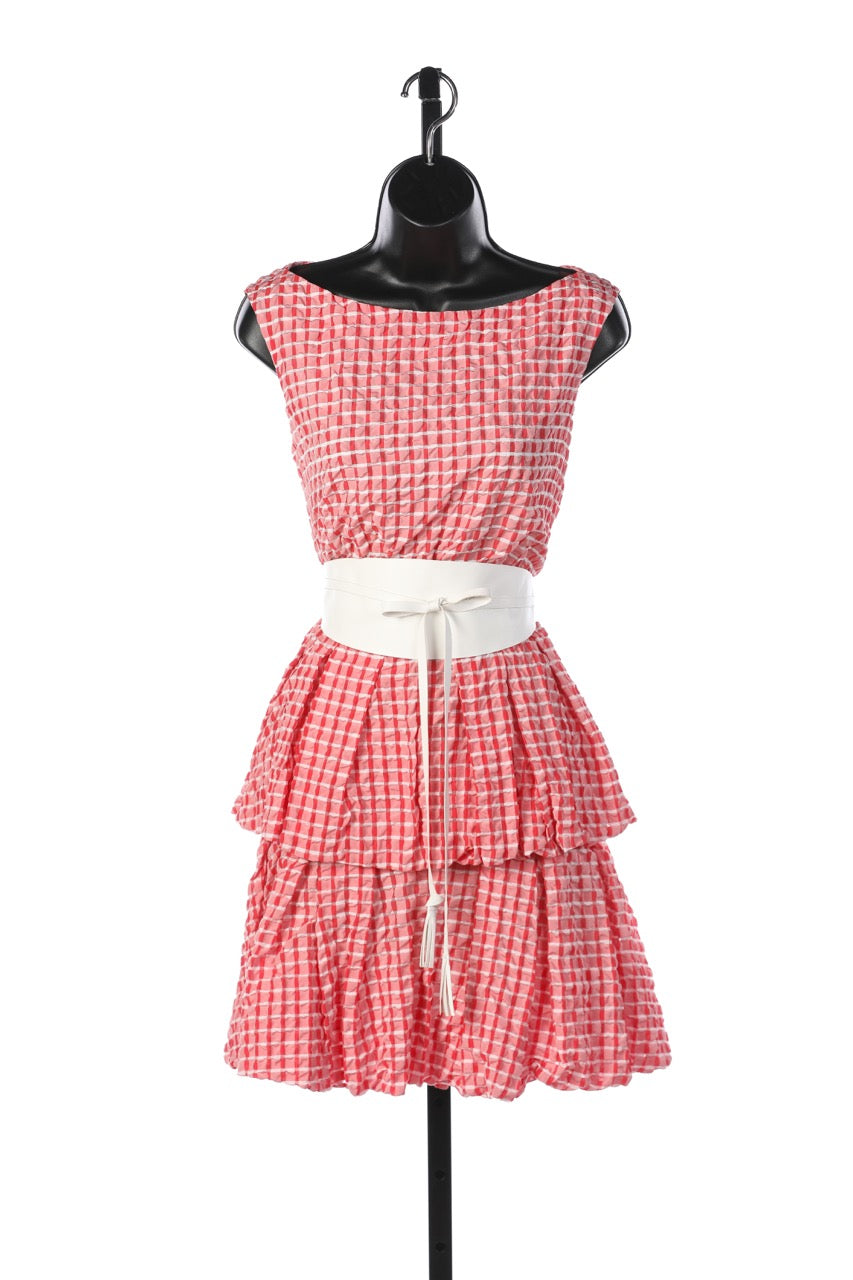 Babylon Red & White Checkered Sleeveless Tiered Pleated Mini Dress w White Belt NWT