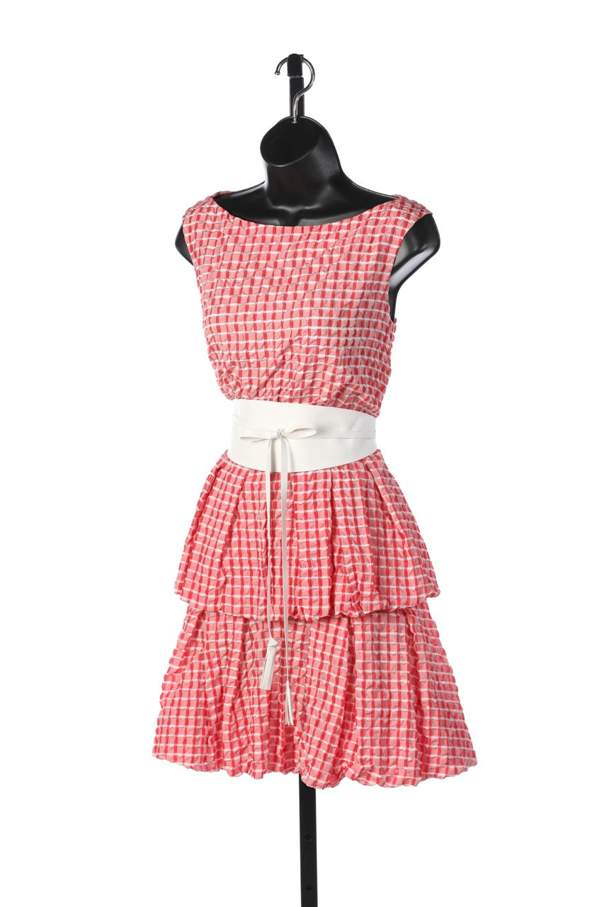 Babylon Red & White Checkered Sleeveless Tiered Pleated Mini Dress w White Belt NWT