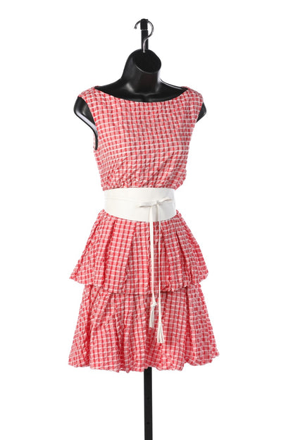 Babylon Red & White Checkered Sleeveless Tiered Pleated Mini Dress w White Belt NWT