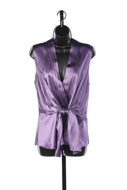 Lafayette Silk Purple Sleeveless V-Neck Tie Front Blouse w Pleats at Neckline NWT