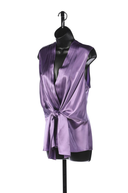 Lafayette Silk Purple Sleeveless V-Neck Tie Front Blouse w Pleats at Neckline NWT