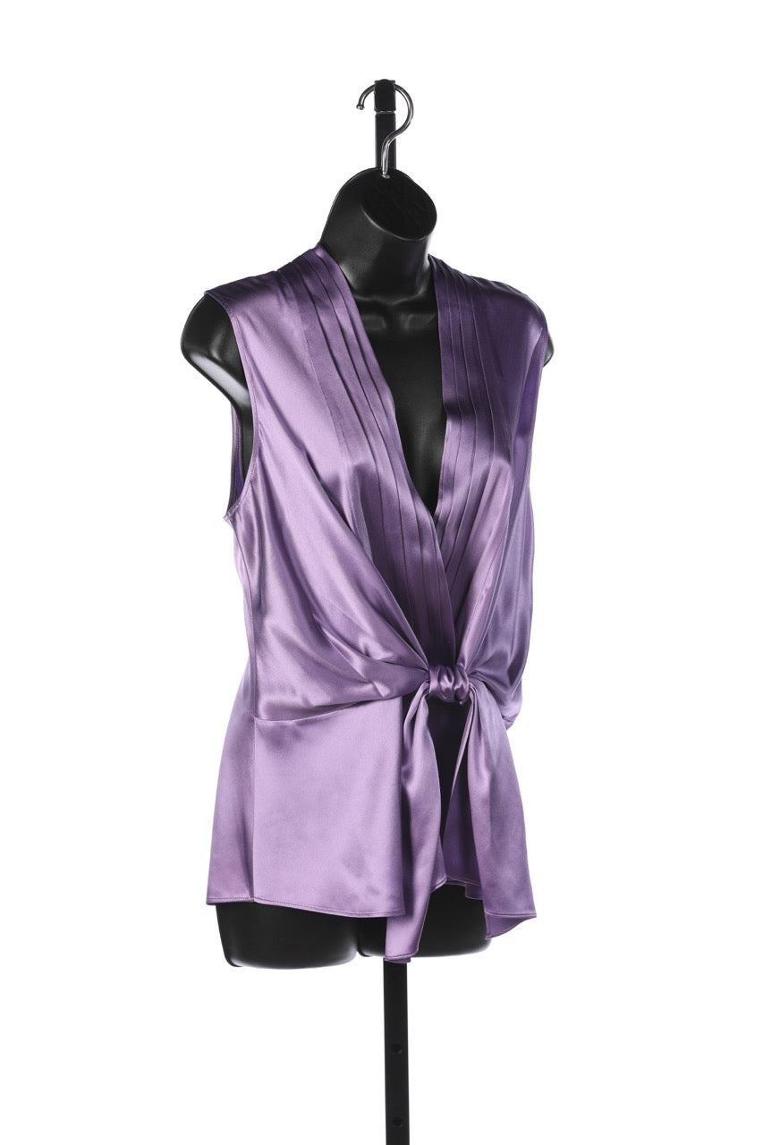 Lafayette Silk Purple Sleeveless V-Neck Tie Front Blouse w Pleats at Neckline NWT