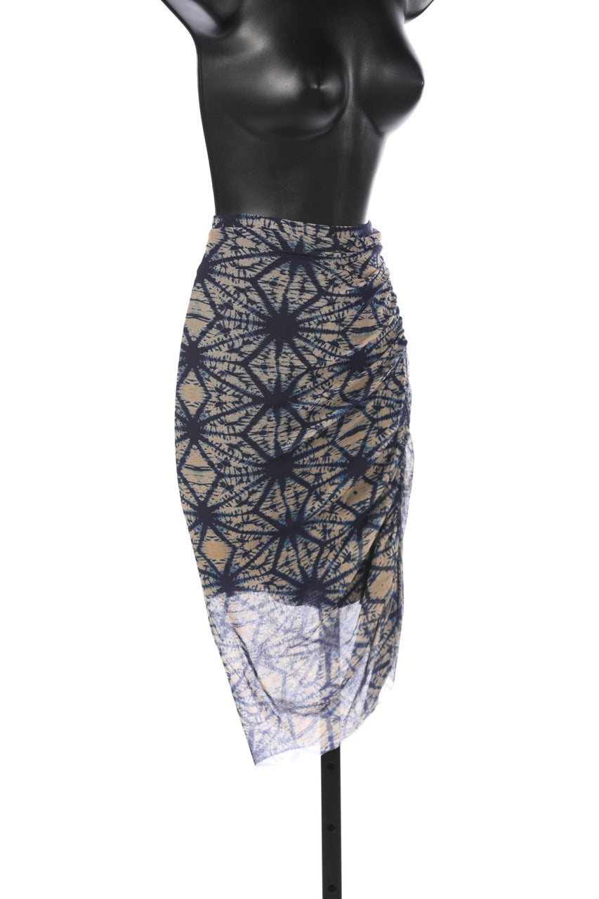 Jean Paul Gaultier Blue & Tan Sunburst Pattern Mesh Midi Skirt (PART OF SET)