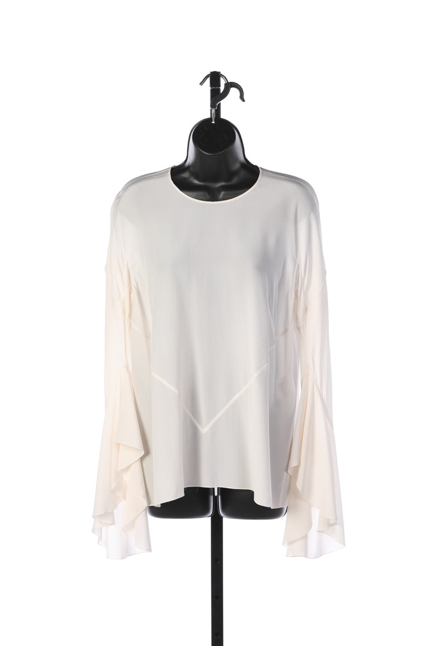 Givenchy White Silk Crew Neck Blouse w Flare Sleeves