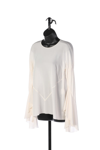 Givenchy White Silk Crew Neck Blouse w Flare Sleeves