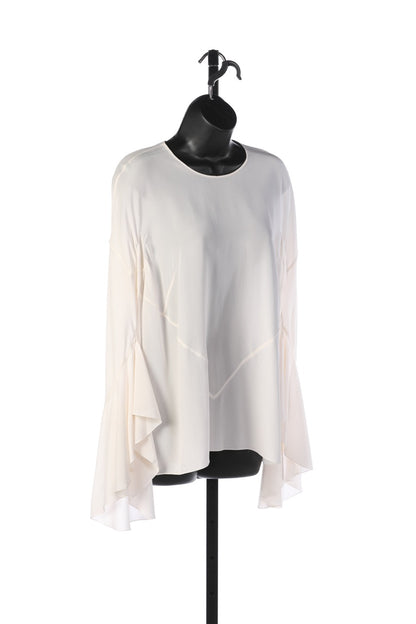 Givenchy White Silk Crew Neck Blouse w Flare Sleeves