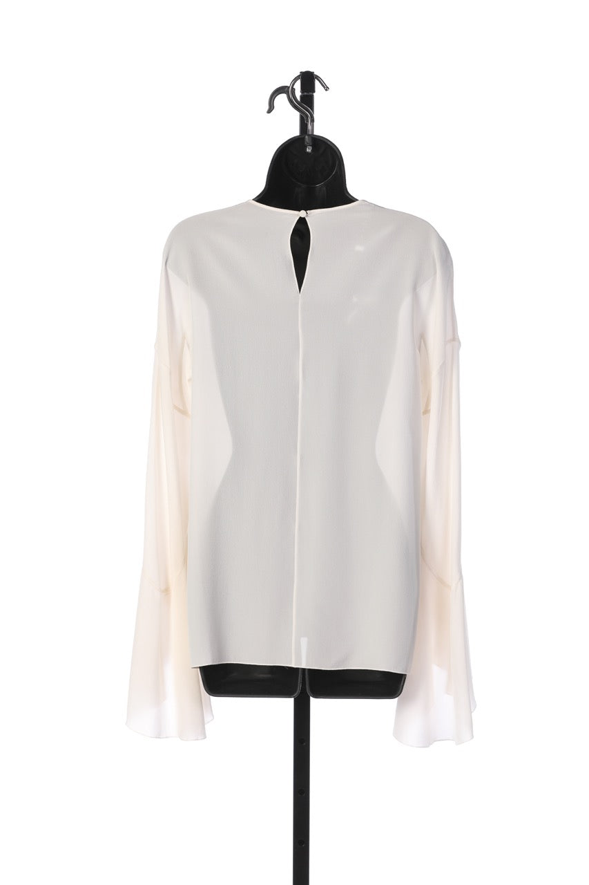 Givenchy White Silk Crew Neck Blouse w Flare Sleeves