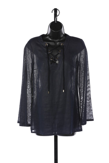 Michael Kors Navy Linen Lace Up Long Sleeve Top