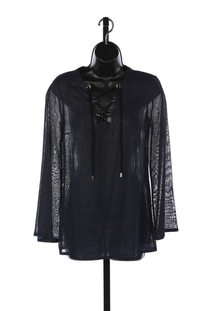 Michael Kors Navy Linen Lace Up Long Sleeve Top