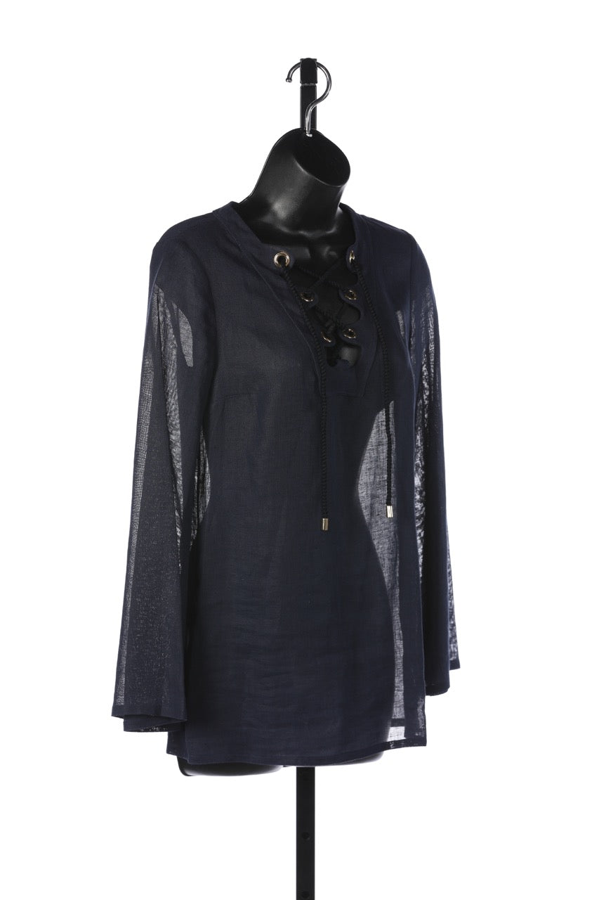 Michael Kors Navy Linen Lace Up Long Sleeve Top