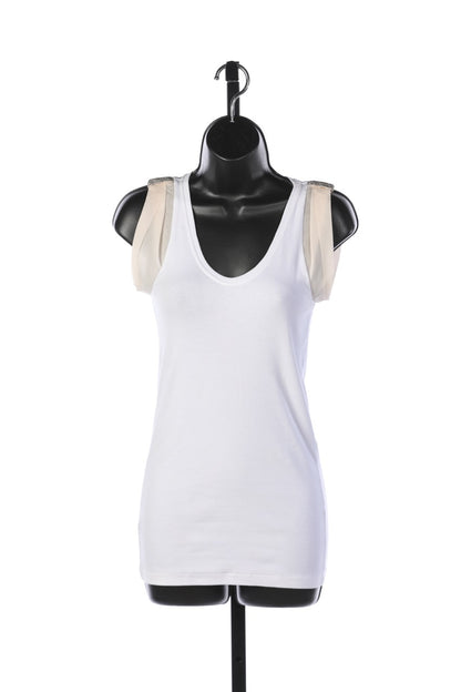 Brunello Cucinelli White w Cream Cap Sleeve & Beaded Shoulder Detail Top