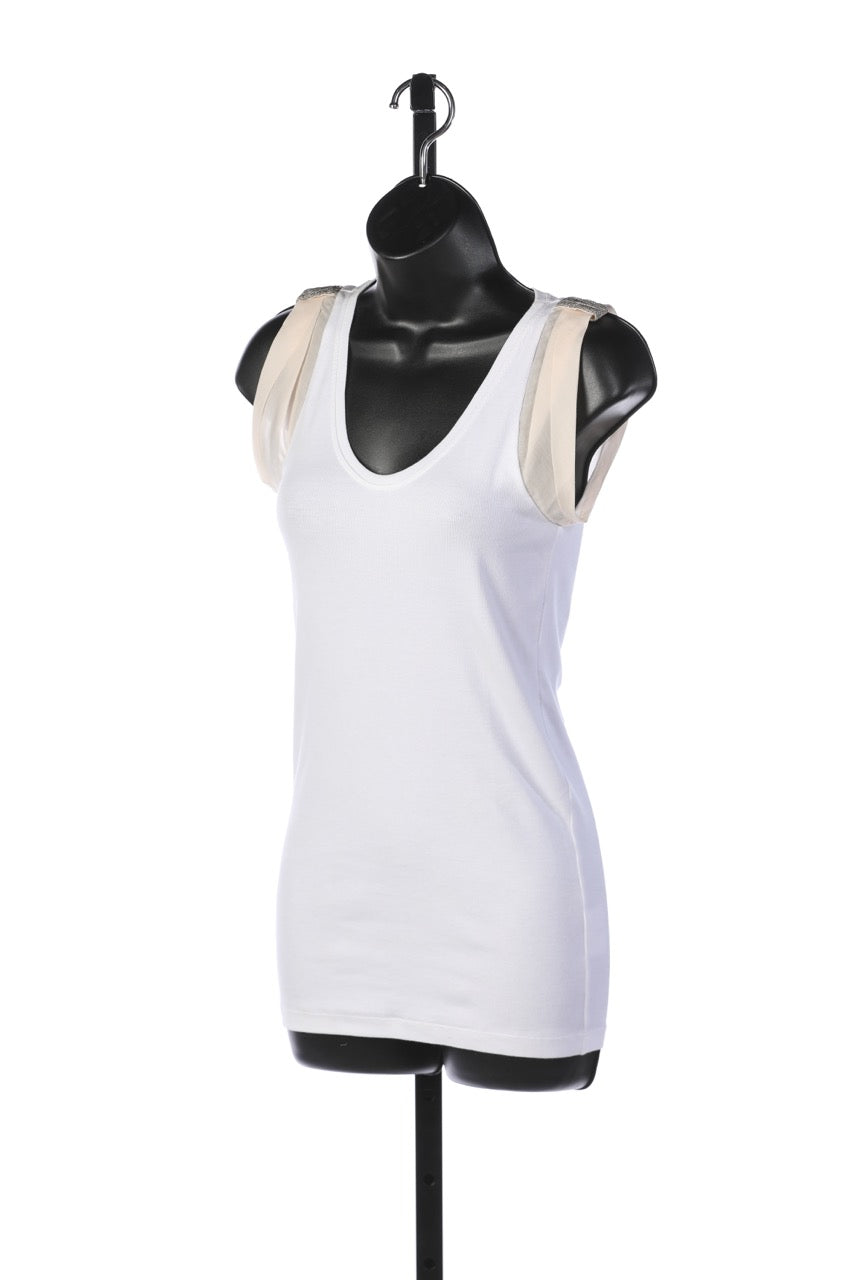 Brunello Cucinelli White w Cream Cap Sleeve & Beaded Shoulder Detail Top