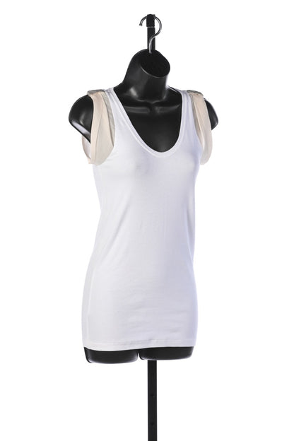 Brunello Cucinelli White w Cream Cap Sleeve & Beaded Shoulder Detail Top