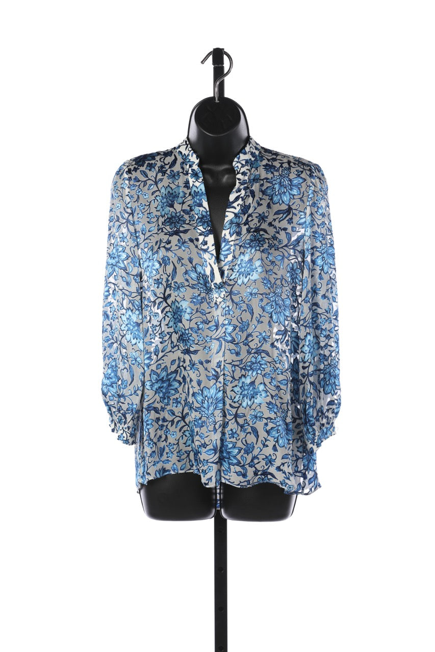 Alice + Olivia Silk White & Blue Floral Long Sleeve V-Neck Blouse NWT