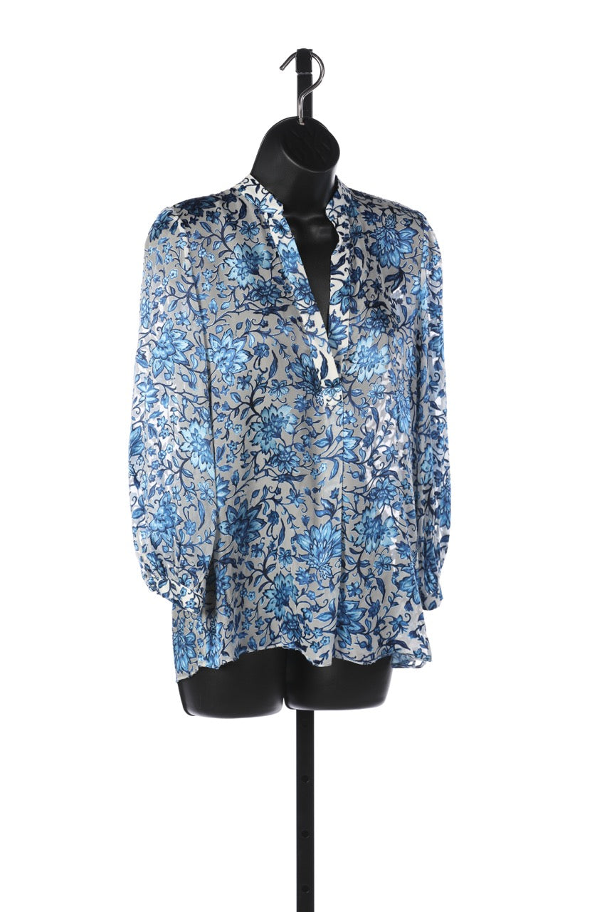 Alice + Olivia Silk White & Blue Floral Long Sleeve V-Neck Blouse NWT