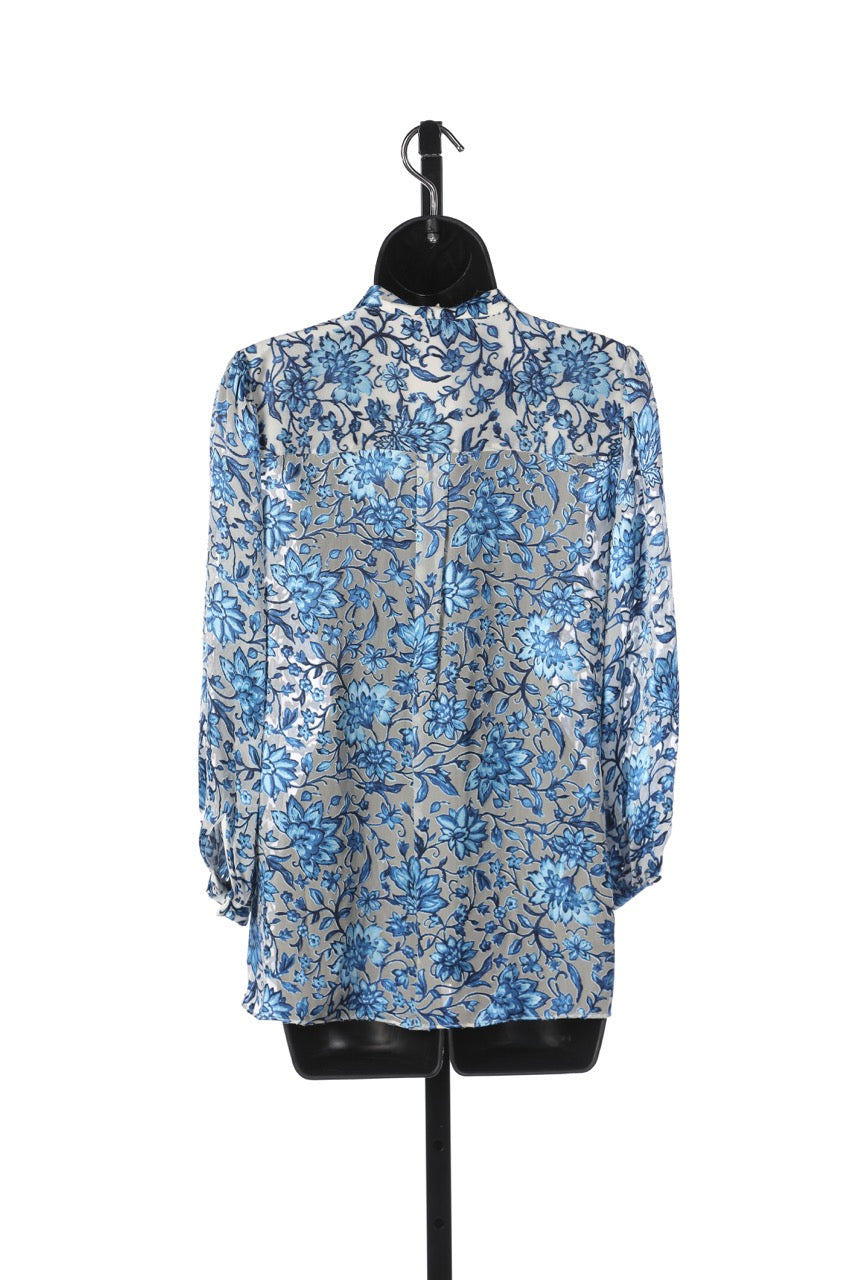 Alice + Olivia Silk White & Blue Floral Long Sleeve V-Neck Blouse NWT