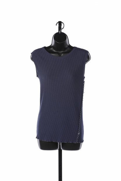 Roberto Cavalli Blue Crew-Neck Sleeveless Ribbed Top w Side-Chain