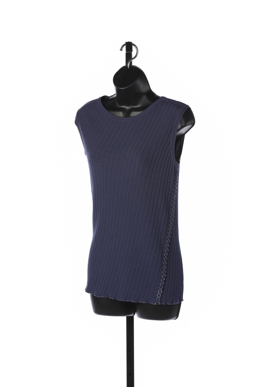 Roberto Cavalli Blue Crew-Neck Sleeveless Ribbed Top w Side-Chain