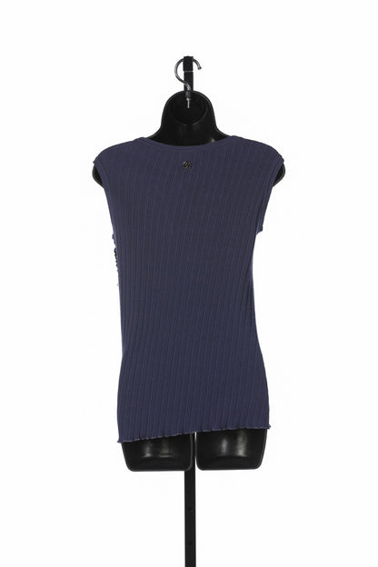 Roberto Cavalli Blue Crew-Neck Sleeveless Ribbed Top w Side-Chain