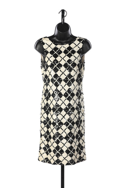 Black Tie White & Black Sequined Diamond Print Knee-Length Mini Dress