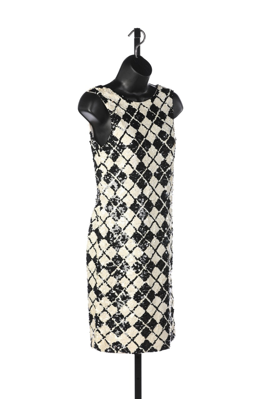 Black Tie White & Black Sequined Diamond Print Knee-Length Mini Dress