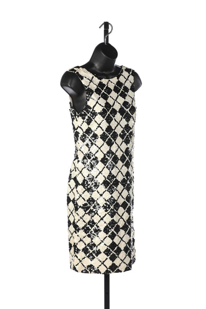 Black Tie White & Black Sequined Diamond Print Knee-Length Mini Dress