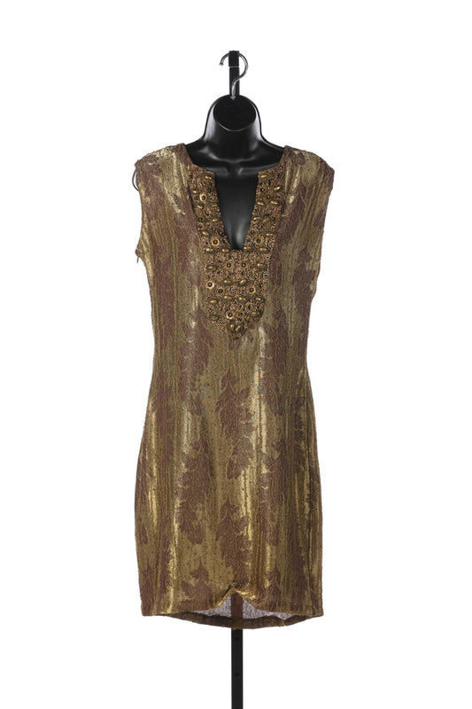Goldsmith & Klein Gold Metallic Sleeveless Knee Length Dress w Beading Detail on Neckline