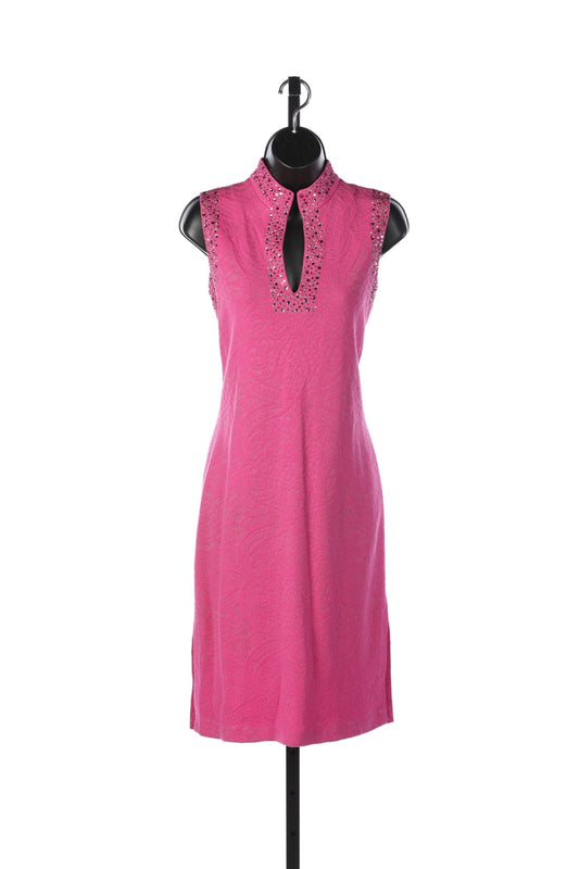 St. John Hot Pink Sleeveless Knee-Length Dress w/ Pink Rhinestone Details