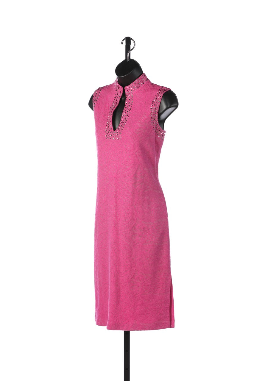 St. John Hot Pink Sleeveless Knee-Length Dress w/ Pink Rhinestone Details