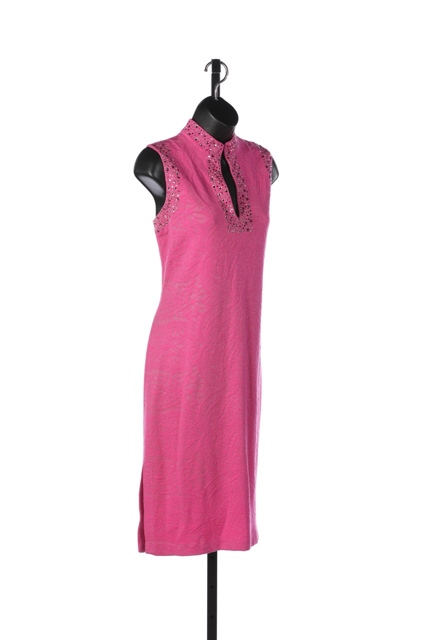 St. John Hot Pink Sleeveless Knee-Length Dress w/ Pink Rhinestone Details