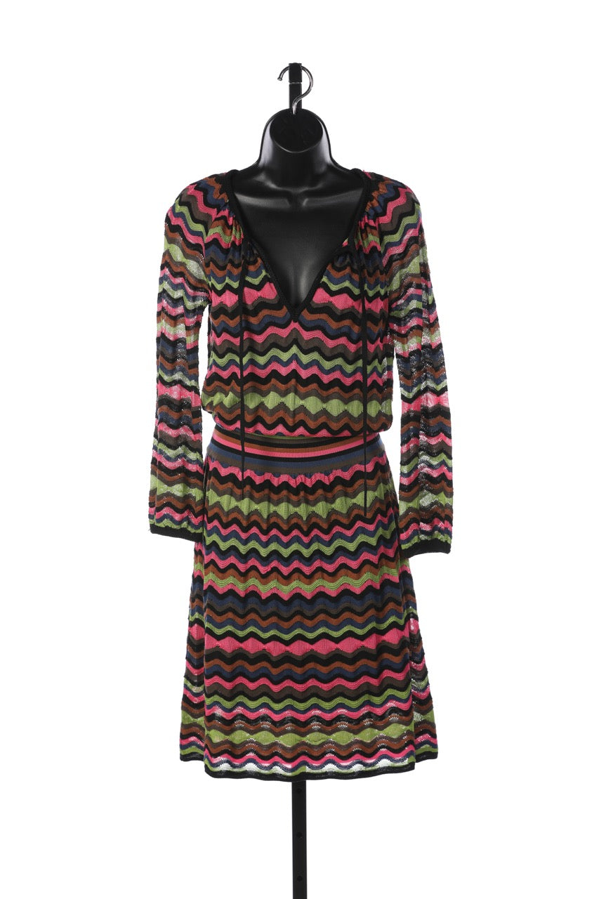 Missoni Black Multi Long Sleeve V-Neck Tie Neck Knee-Length Dress