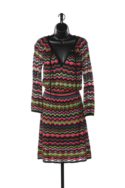 Missoni Black Multi Long Sleeve V-Neck Tie Neck Knee-Length Dress