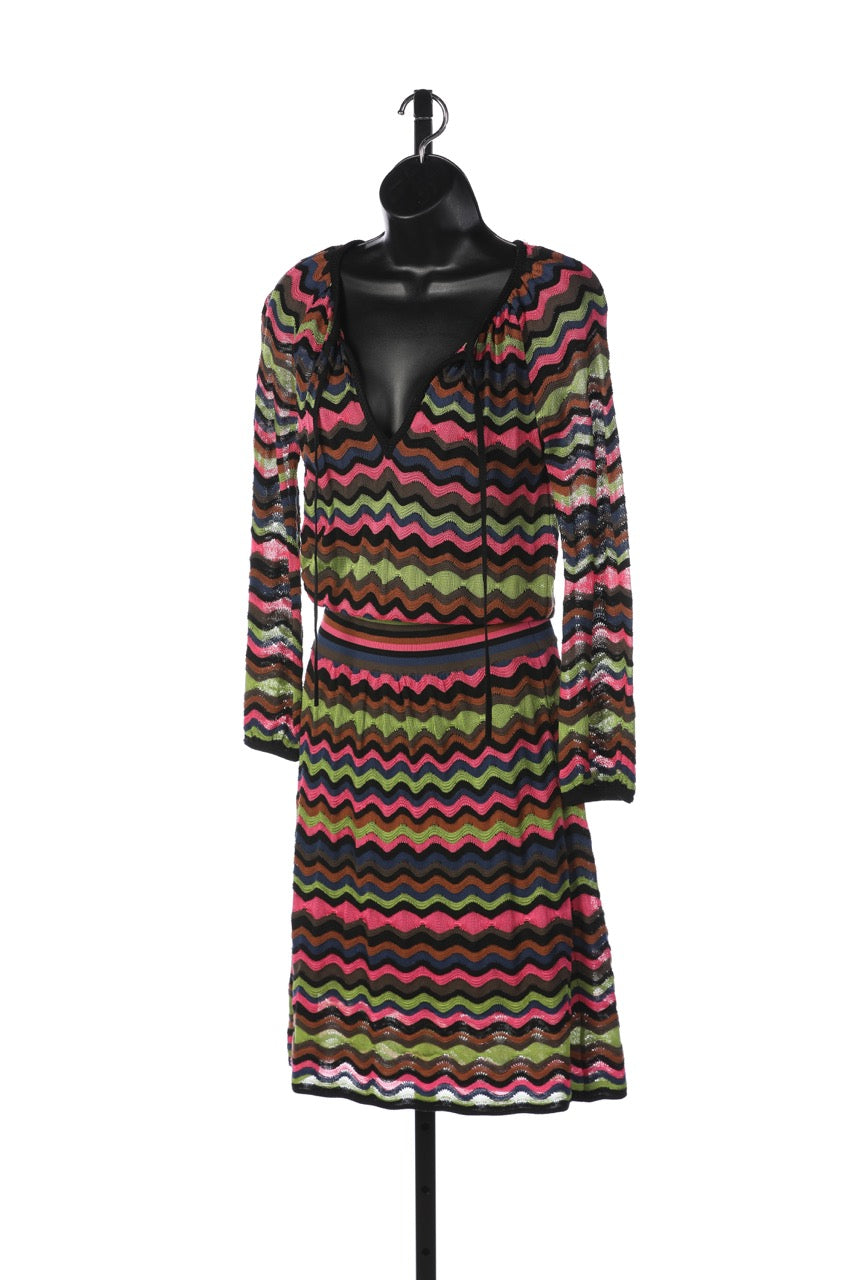 Missoni Black Multi Long Sleeve V-Neck Tie Neck Knee-Length Dress