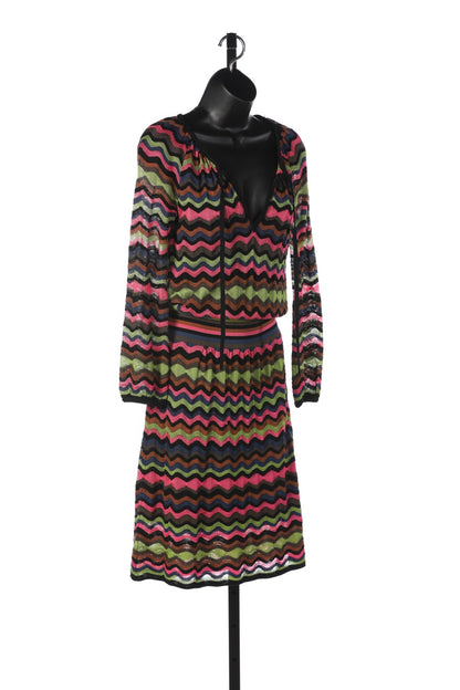 Missoni Black Multi Long Sleeve V-Neck Tie Neck Knee-Length Dress