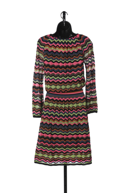 Missoni Black Multi Long Sleeve V-Neck Tie Neck Knee-Length Dress