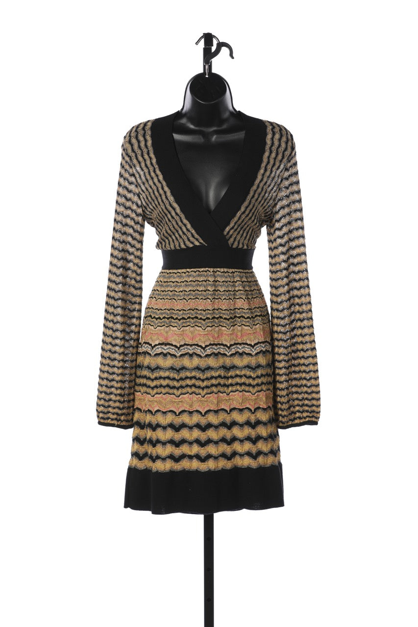 Missoni Gold & Black Stripe Long Sleeve V-Neck Knee-Length Dress