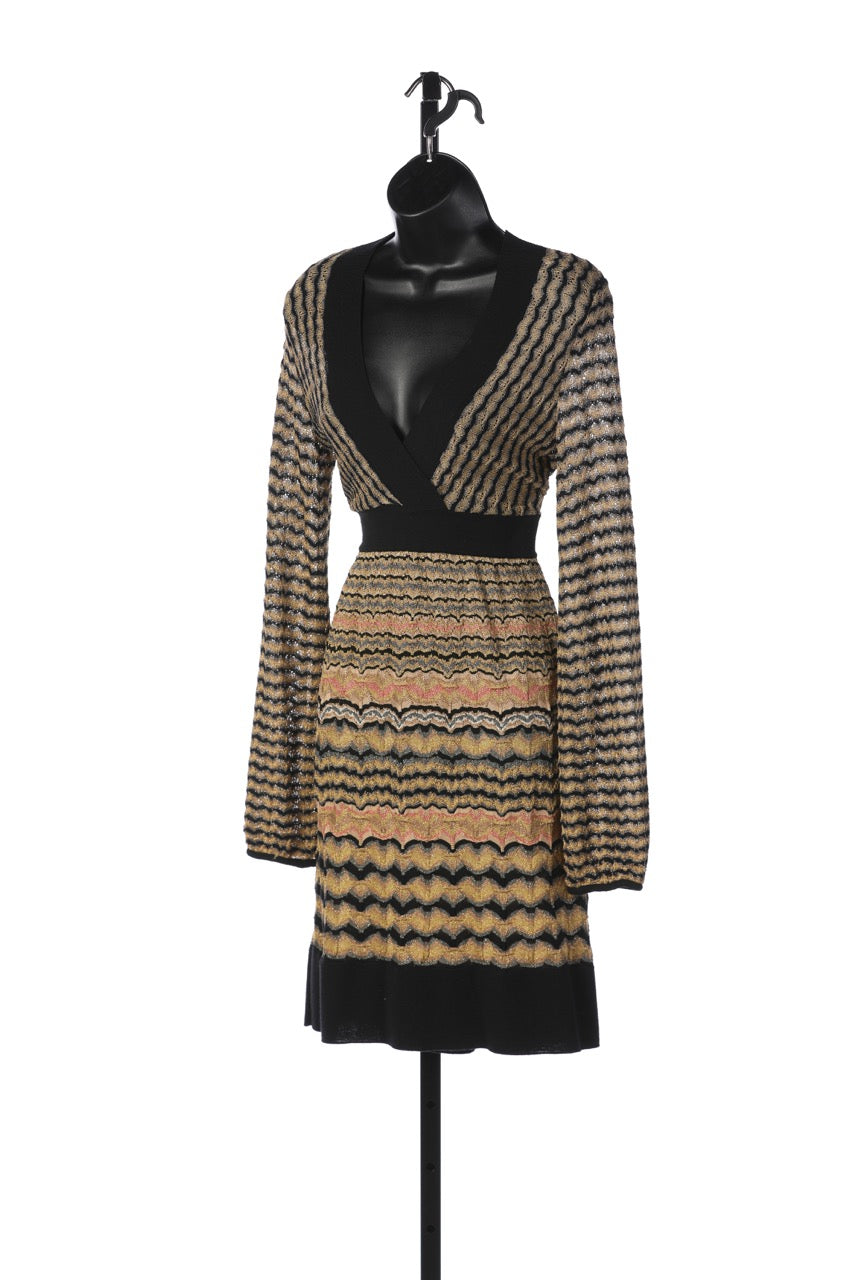 Missoni Gold & Black Stripe Long Sleeve V-Neck Knee-Length Dress