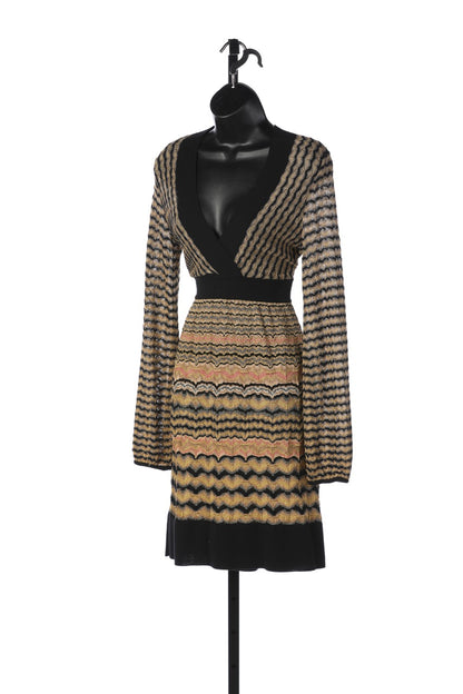 Missoni Gold & Black Stripe Long Sleeve V-Neck Knee-Length Dress