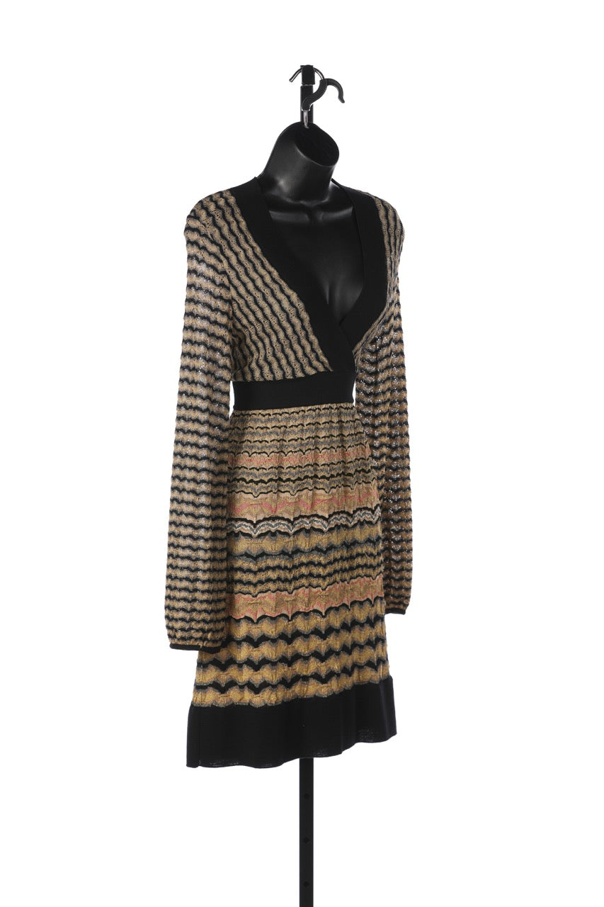 Missoni Gold & Black Stripe Long Sleeve V-Neck Knee-Length Dress