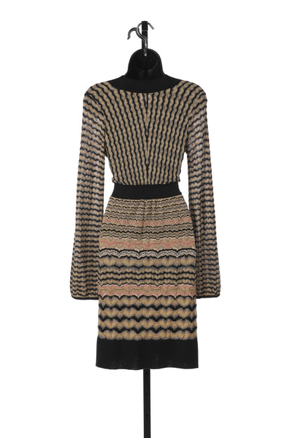 Missoni Gold & Black Stripe Long Sleeve V-Neck Knee-Length Dress