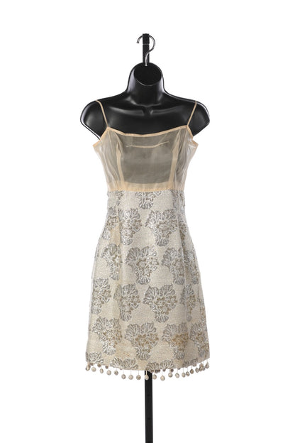 Pat Sandler For Highlight Gold Sparkle Sleeveless 2-Piece Crop Top/Mini Dress w Ball Fringe Hem