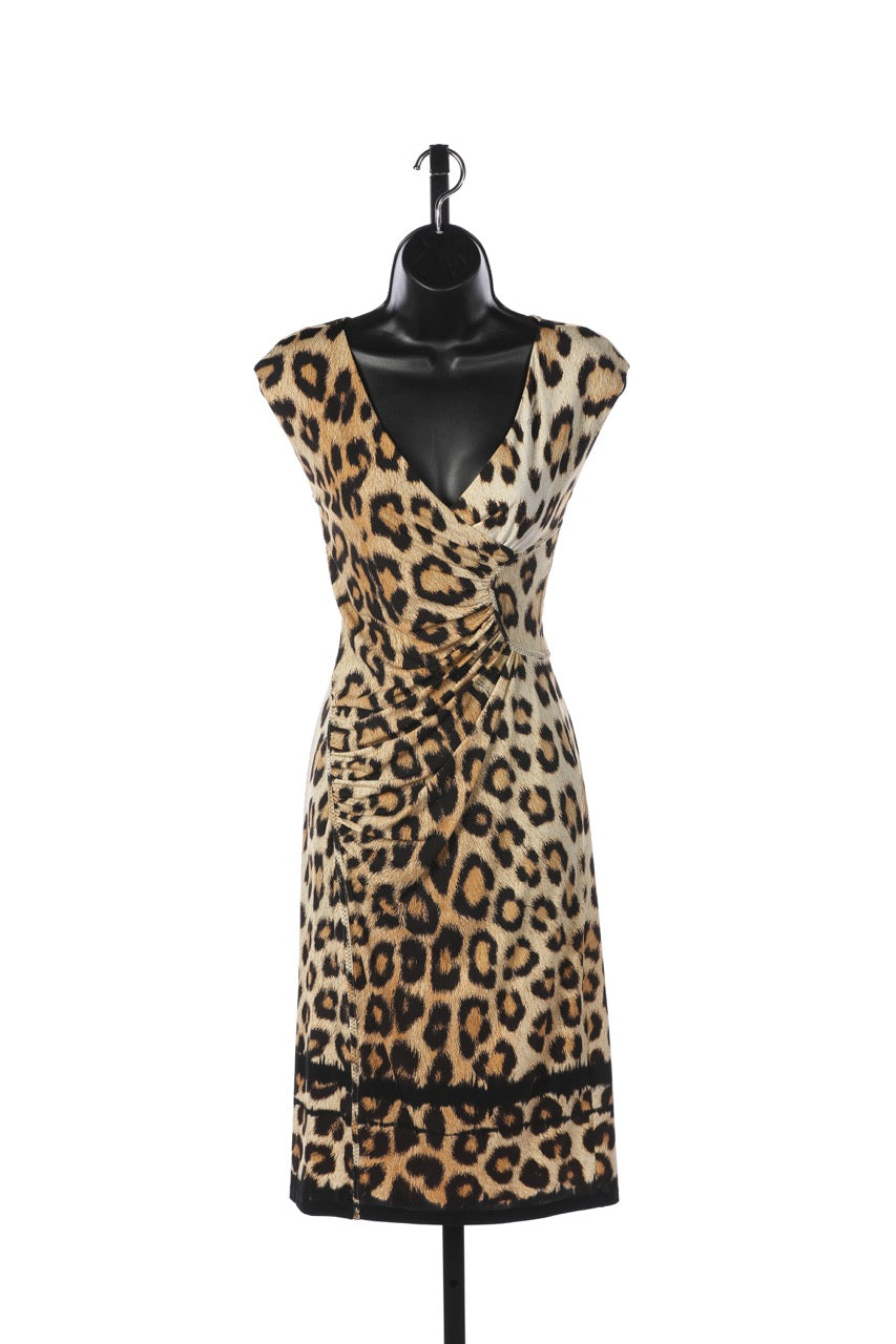 Roberto Cavalli Brown Leopard Print V-Neck Sleeveless Knee-Length Dress w Ruched Sides