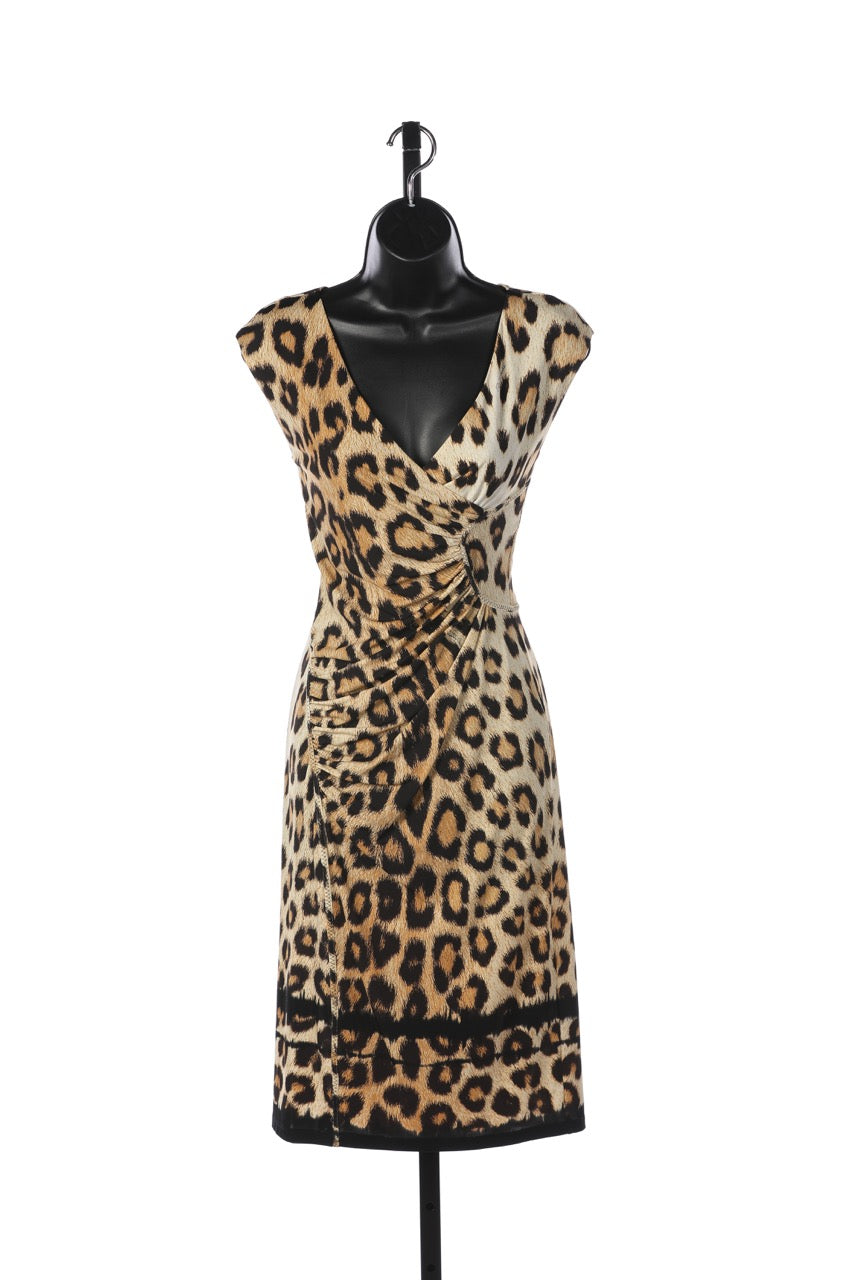 Roberto Cavalli Brown Leopard Print V-Neck Sleeveless Knee-Length Dress w Ruched Sides