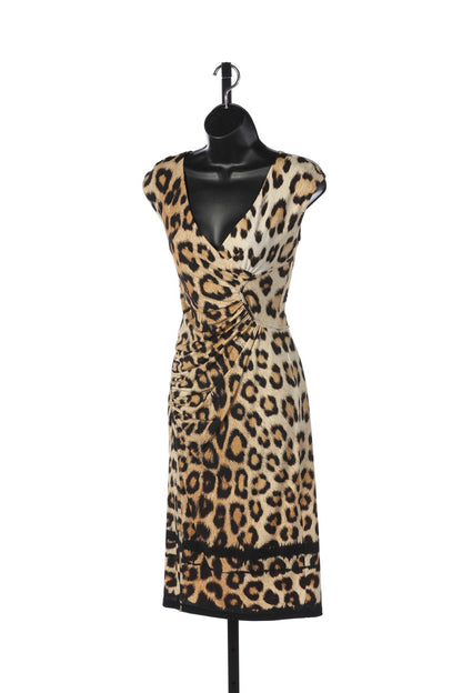 Roberto Cavalli Brown Leopard Print V-Neck Sleeveless Knee-Length Dress w Ruched Sides