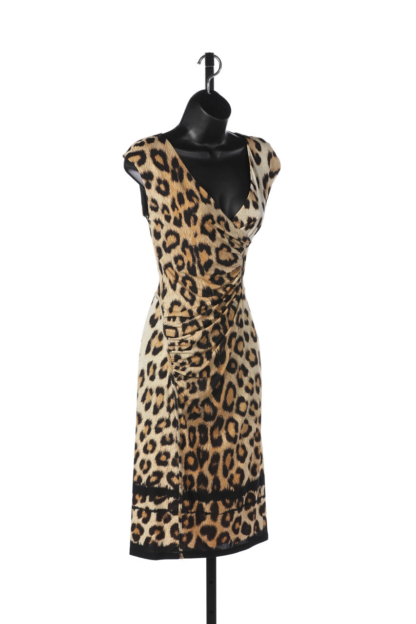 Roberto Cavalli Brown Leopard Print V-Neck Sleeveless Knee-Length Dress w Ruched Sides