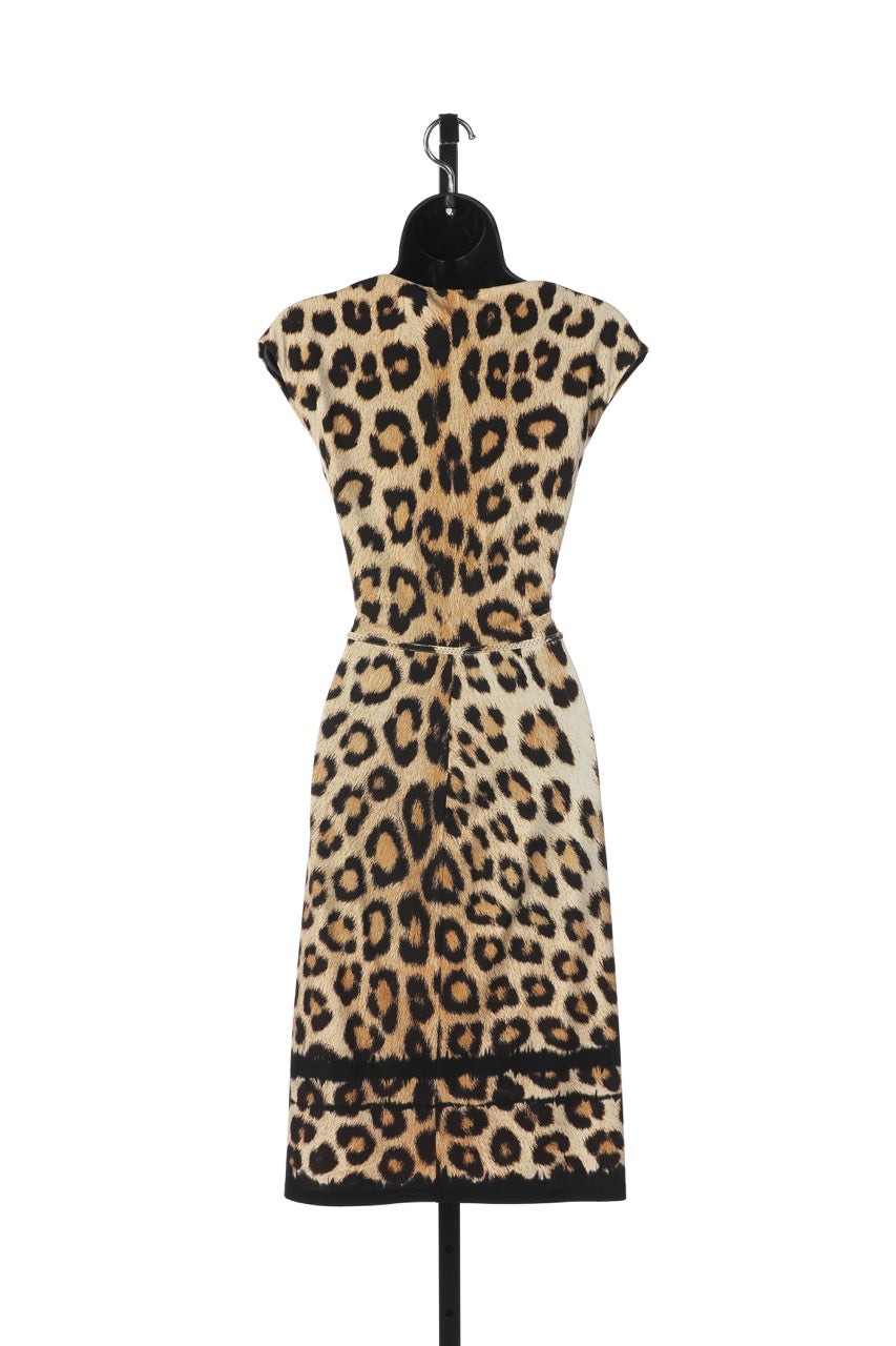 Roberto Cavalli Brown Leopard Print V-Neck Sleeveless Knee-Length Dress w Ruched Sides