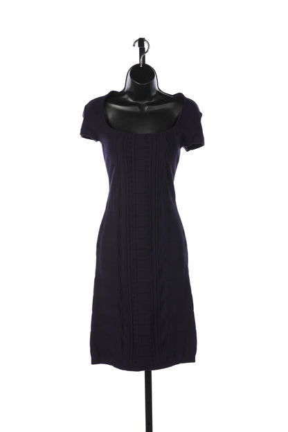 Escada Navy Cap Sleeve Square-Neck Bandage Knee-Length Dress w Embroidered Line Detail