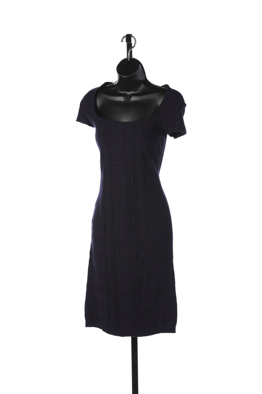 Escada Navy Cap Sleeve Square-Neck Bandage Knee-Length Dress w Embroidered Line Detail